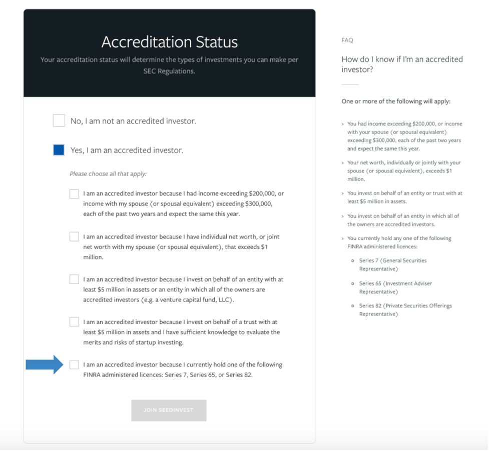 Sign up FINRA accreditation option