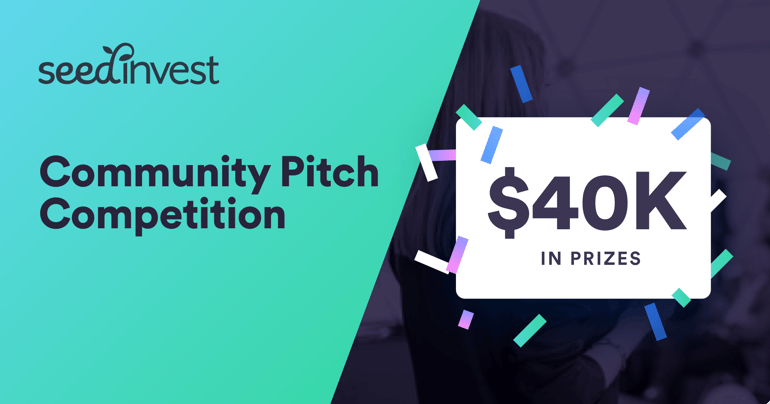 Green and black graphics showcasing SeedInvest logo and confetti surrounding $40K in prizes for Community Pitch Competition